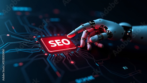 Futuristic Robotic Hand Pressing SEO Button on Digital Interface  AI-Powered Search Optimization Concept