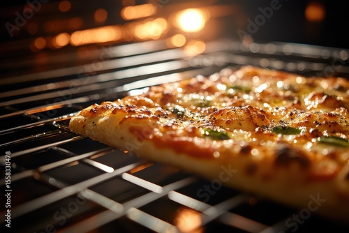 Freshly Baked Pizza in Oven with Golden Cheese and Toppings, Capturing the Delicious Texture and Melting Flavor of Hot Pizza Ready to Serve at Home