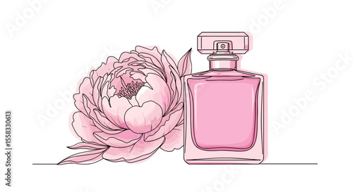 Pink perfume bottle next to a blooming peony flower drawn in elegant one continuous line style ideal for beauty branding and cosmetic packaging - one line doodle drawing with watercolor fill