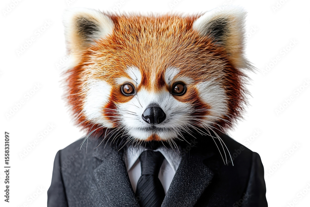 Obraz premium A red panda in a suit, isolate on white background, presenting a fun and quirky visual concept. PNG