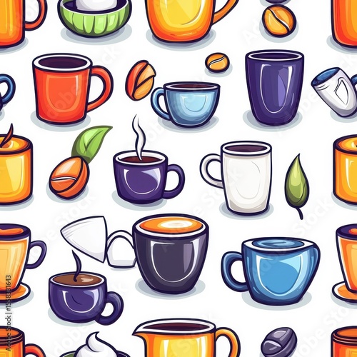 Wallpaper Mural Flat style seamless cup pattern, isolated on a white background. Torontodigital.ca