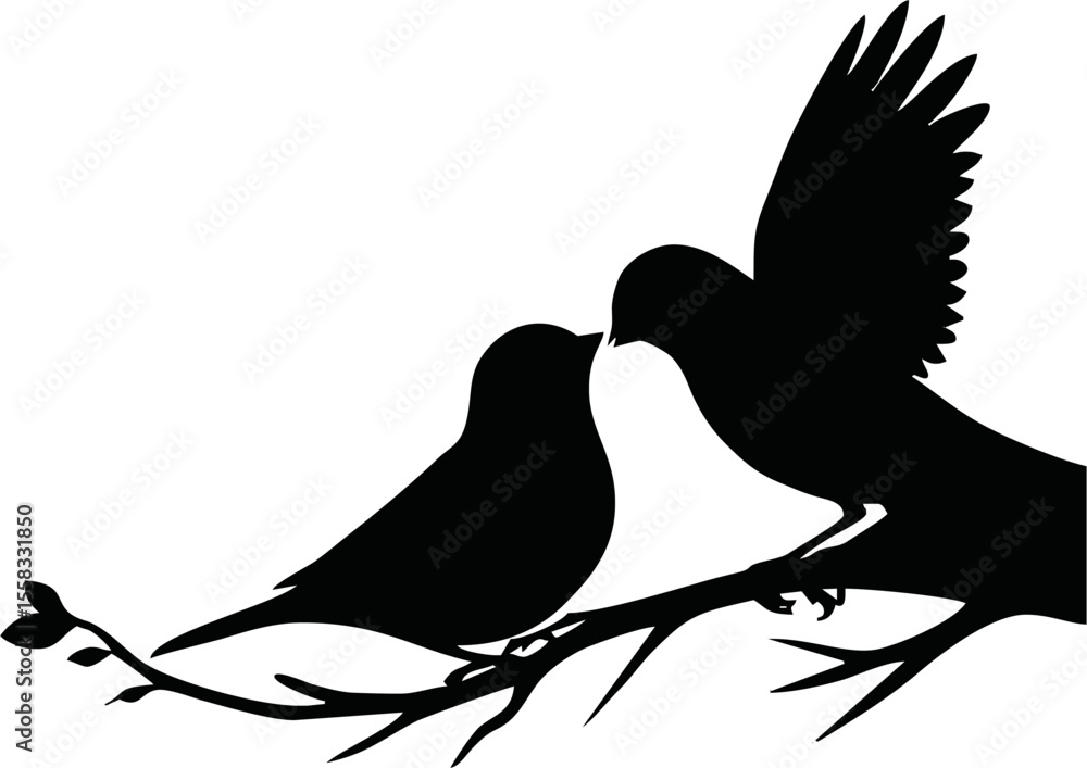 Fototapeta premium Silhouette of love birds on a branch vector on white background