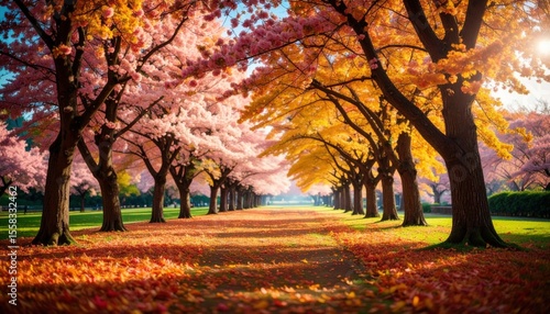 Autumn colors in cherry blossom park scenic nature path vibrant fall landscape tranquil environment captivating viewpoint