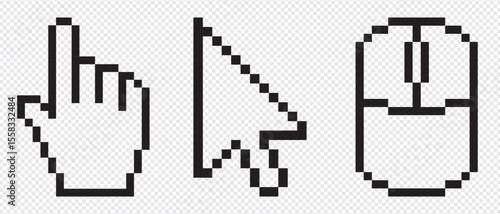 Pixel cursor pointer icons set. Computer mouse click arrow and hand. Pixel hand arrow logo vector isolated on transparent background.
