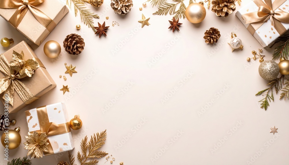 Fototapeta premium Festive gift arrangement holiday celebration decorative display elegant environment overhead view seasonal cheer