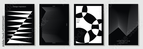 Abstract monochrome poster background vector set. Modern cover template with black and white perspective geometric prism shape, line. Ideal design for social media, banner, ads.