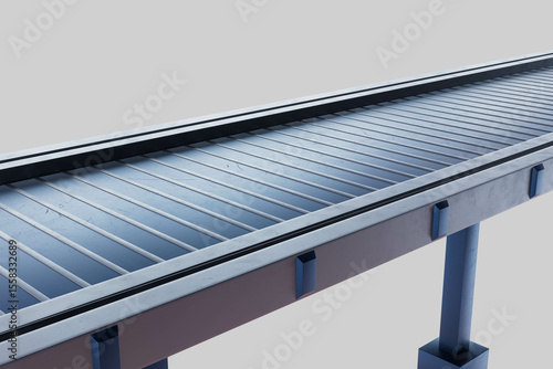 3D rendering of an empty conveyor belt in a warehouse or factory setting, symbolizing production flow, logistics readiness, or halted operations