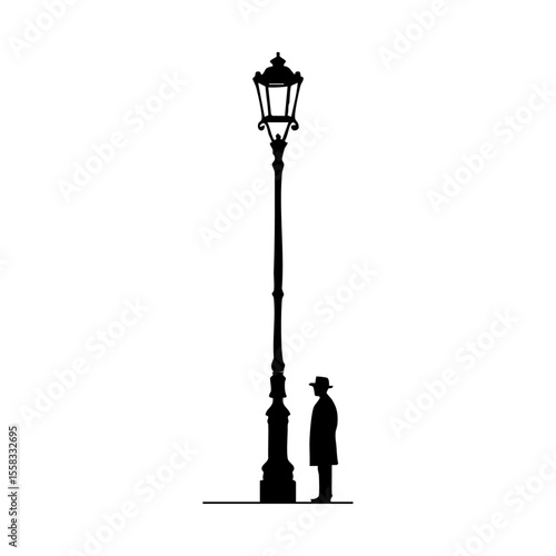 Elegant silhouette of a man in coat and hat facing an ornate streetlamp, suggesting solitude or nostalgia.
