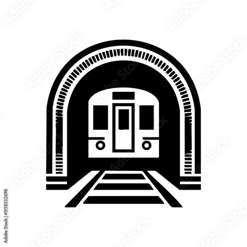 Minimalist train icon entering or exiting curved tunnel silhouette

