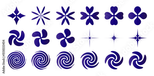 set of abstract geometric shape swirls snowflake logo icons isolated white backgrounds for  web design, user interface apps, banner poster element, flyer, brochure catalogue, booklet, year book pages