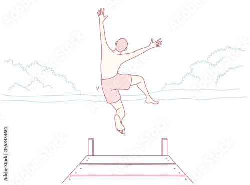 A person is joyfully jumping off a dock into a calm and serene body of water surrounded by beautiful nature