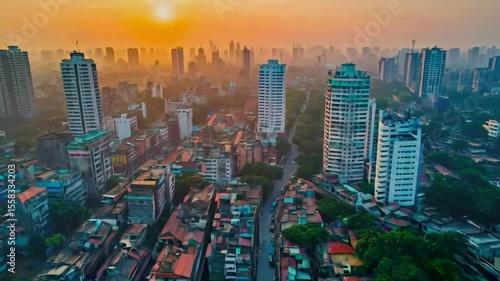 This aerial shot captures the dynamic energy of a bustling city at sunrise.