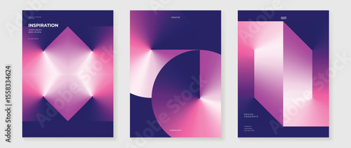 Modern gradient prism poster background vector set. Cover template with vibrant perspective geometric prism shapes different. Ideal design for social media, cover, banner, flyer.