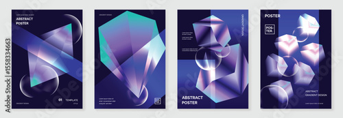 Modern gradient prism poster background vector set. Cover template with vibrant perspective geometric prism shapes different. Ideal design for social media, cover, banner, flyer.