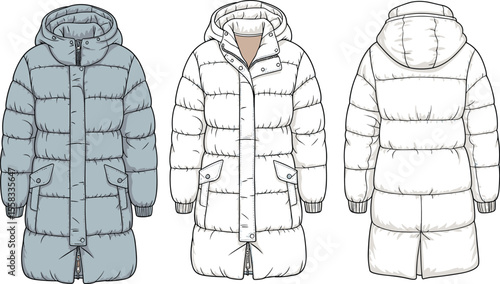 Long padded puffer jacket with hood, zipper front, winter fashion flat sketch, technical drawing, cozy outerwear design, front and back view

 flat vector illustration