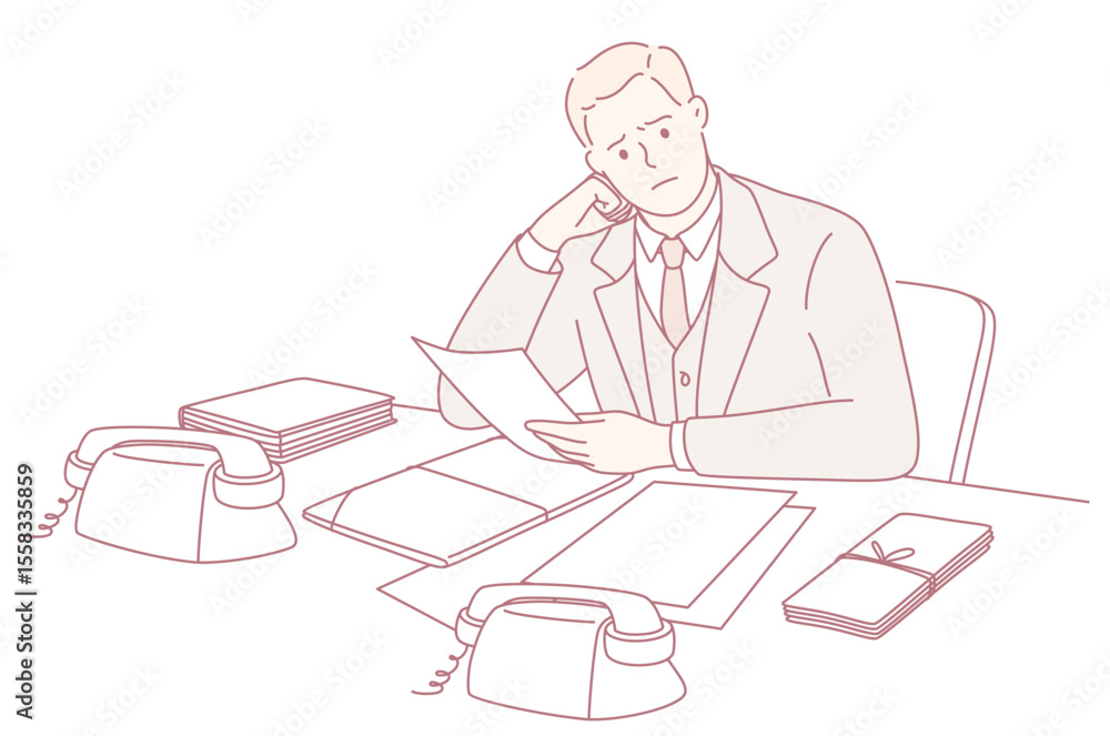 A man in a stylish suit reviews documents at his desk, surrounded by vintage telephones, showcasing professionalism A man in a stylish suit reviews documents at his desk, surrounded by vintage telephones, showcasing professionalism