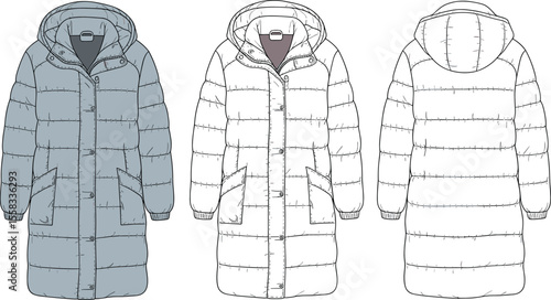 Technical fashion flat of long padded winter coat with hood, front and back view, puffer jacket design template, outerwear sketch

 flat vector illustration