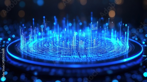 A futuristic holographic pension plan dashboard glowing in blue light 