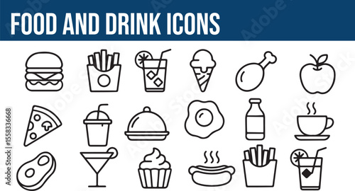 Food  Drink Line Icons Pack  Burger, Pizza, Cupcake, Beverage, Meal   Food and drink set of web icons in line style. 