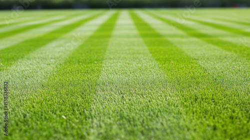 Vibrant green freshly cut lawn with mowing lines creates serene and inviting outdoor space, perfect for relaxation and enjoyment. meticulous stripes enhance beauty of landscape
