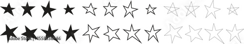 Set of black hand drawn vector stars in doodle style on white background. Star vector icon design illustration for decoration.