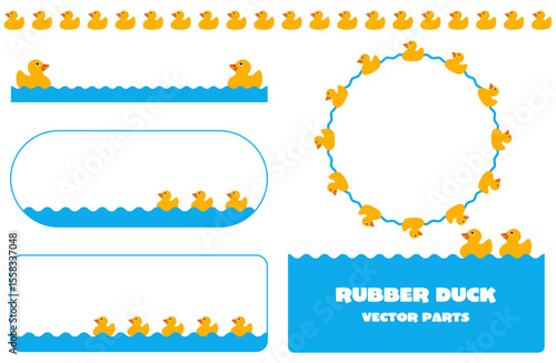 かわいらしい黄色のラバーダック（アヒルのおもちゃ）と装飾パーツが揃ったベクター素材セット｜アヒル、水面、フレーム、背景、カットアウト、育児、赤ちゃん、お風呂、保育、日用品