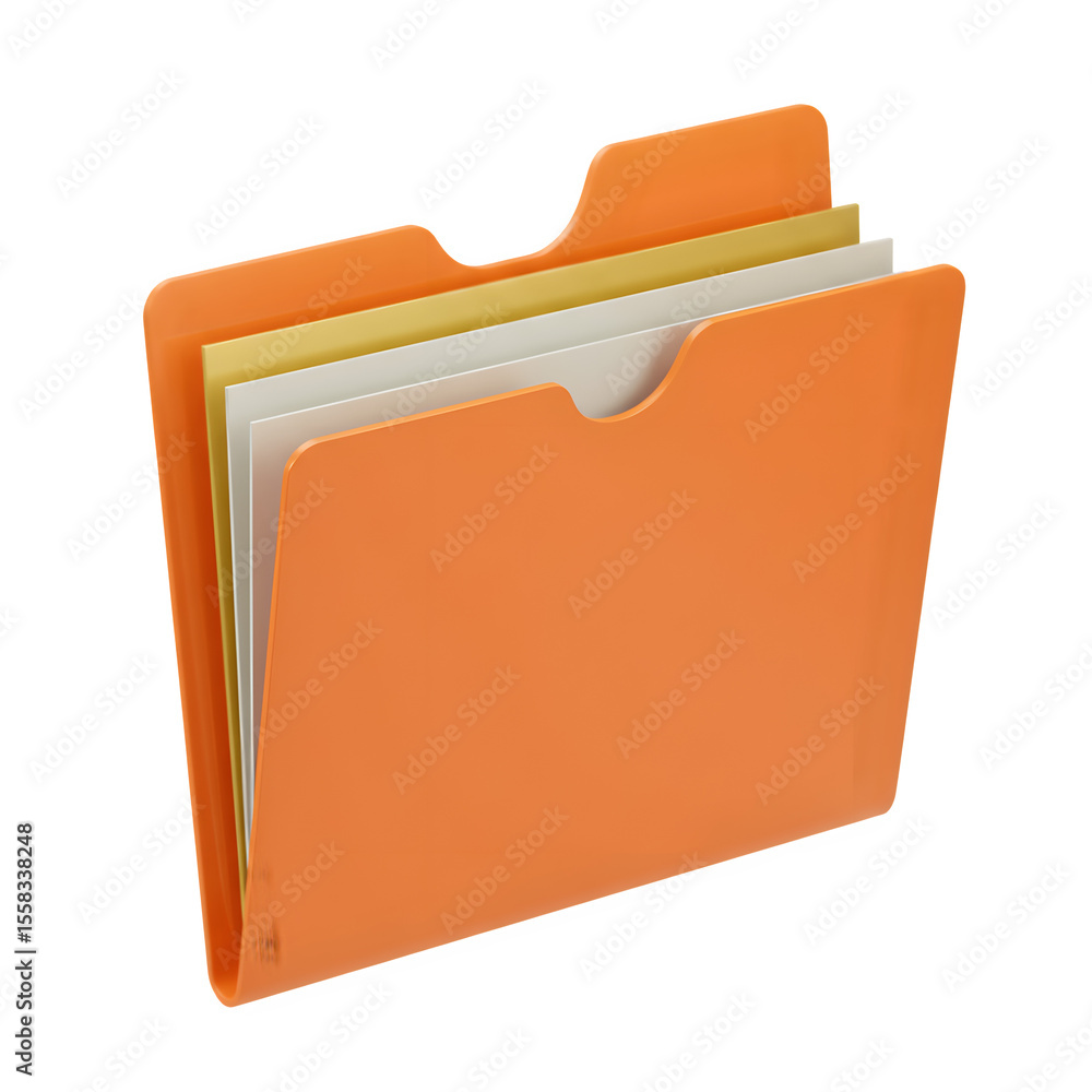 Modern orange folder with layered documents on a clean white background Modern orange folder with layered documents on a clean white background