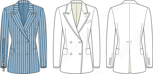 Men’s striped double breasted blazer fashion flat, front and back view, tailored suit jacket sketch, formalwear design, classic lapel style

 flat vector illustration