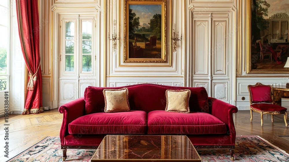 Obraz premium Elegant living room with a red velvet sofa, ornate paneling, classical artwork, and luxurious decor in a grand setting.