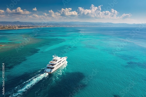 Luxurious boat voyage through calm seas under vivid sunlight, showcasing modern design against vast seascape