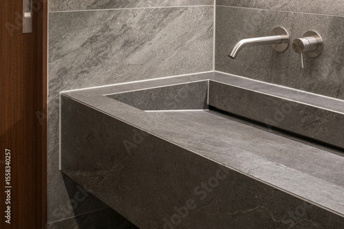 The high-end interior bathroom is stylish with a recessed faucet that shines