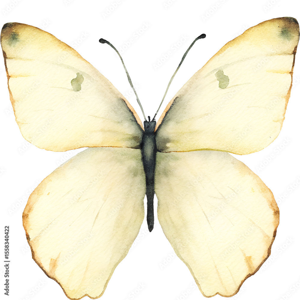 Fototapeta premium Watercolor illustration of a pale yellow butterfly on transparent background.