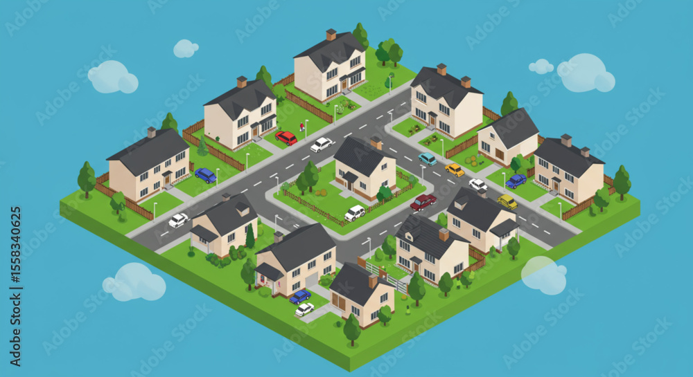 Isometric view of a residential neighborhood with houses, roads, and greenery. Isometric view of a residential neighborhood with houses, roads, and greenery.