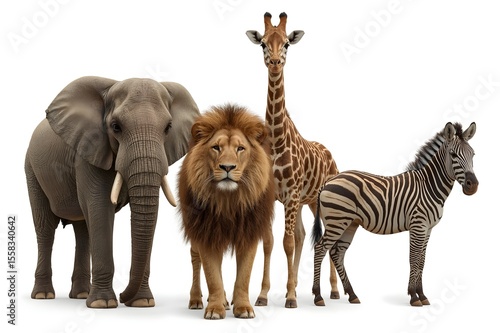 African safari animals posing, white background, wildlife cutout, zoology illustration
