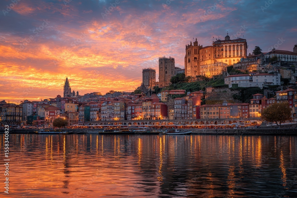 Naklejka premium Stunning sunset illuminates the skyline of Porto, highlighting the citys vibrant architecture and waterfront charm