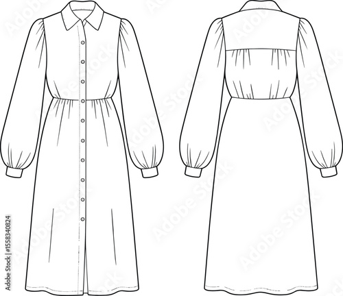 Long sleeve shirt dress flat sketch, front and back view, button down fashion illustration, gathered waist, technical drawing, vector template

 flat vector illustration