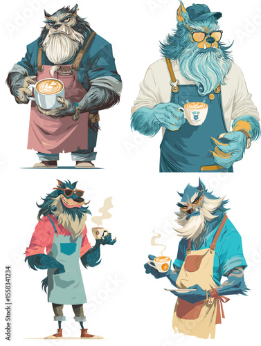 Stylish werewolf baristas serving coffee in trendy outfits. Modern fantasy character illustration perfect for café branding, storybooks, and merchandise.

