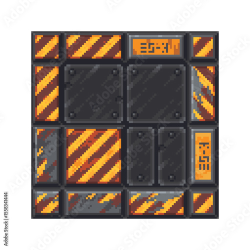 Pixel art sci-fi set floor tiles in a grungy industrial style with black panels, caution stripes, fans, and orange markings, retro video games, space environments, digital design projects