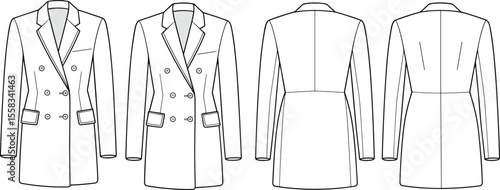 Double breasted blazer flat sketch, front and back view, tailored jacket illustration, fashion technical drawing, vector coat design template

flat vector illustration
