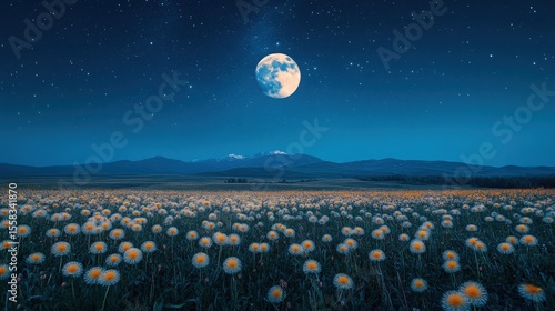 Multi-coloured Tien Shan dandelions bloom in a vibrant field while a new moon and stars illuminate the night sky, creating a breathtaking view at dusk.