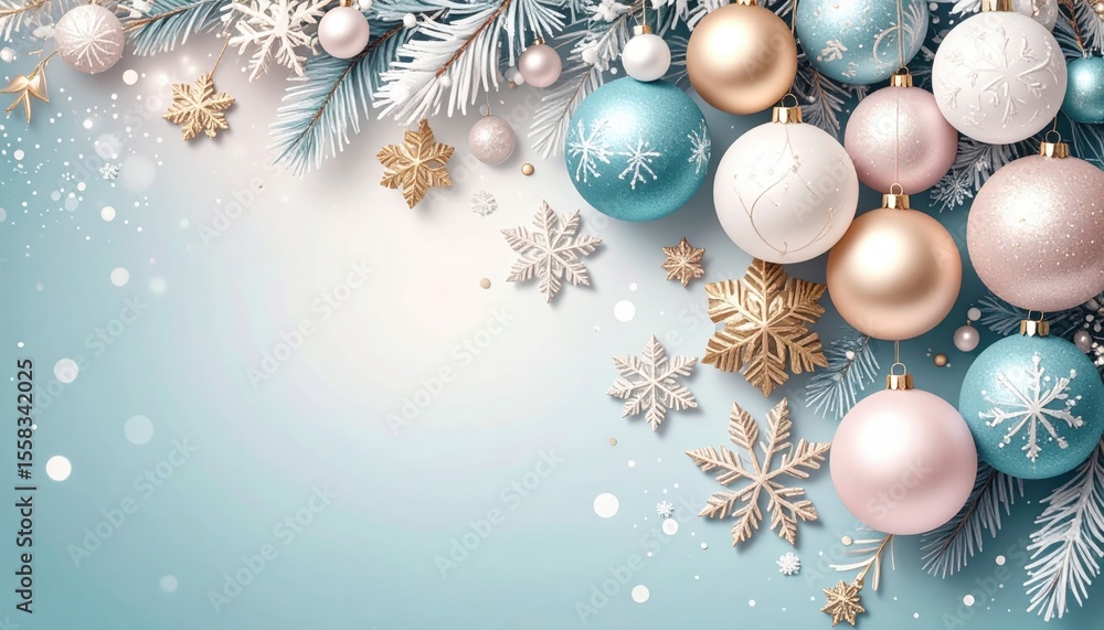 Festive holiday decorations with ornaments and snowflakes winter wonderland digital illustration calm atmosphere aerial view christmas spirit Festive holiday decorations with ornaments and snowflakes winter wonderland digital illustration calm atmosphere aerial view christmas spirit