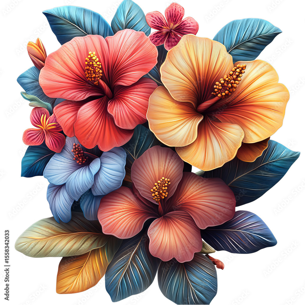 Obraz premium Vibrant Hibiscus Blooms: A Colorful Floral Arrangement Celebrating Tropical Beauty and Nature's Artistry