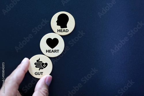 miniature people with the words head, heart and gut. How to make conscious decisions. Decision making made easy