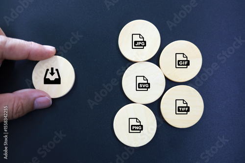 wooden with save file icon or download file format JPEG, ZIP, HTM, RAR, PDF And DOC file. files are saved into folders. Concept document management system or DMS. Highest Quality Image Format