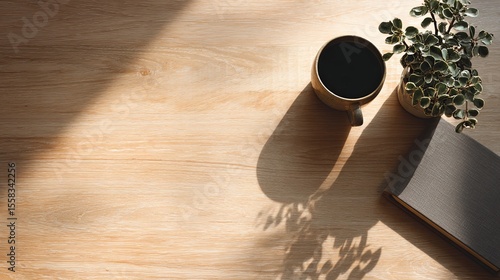 Top down view of minimalist clean wooden desk surface bathed in soft morning sunlight in cozy home interior. Warm natural tones, tranquil workspace concept, peaceful and modern Scandinavian design.


