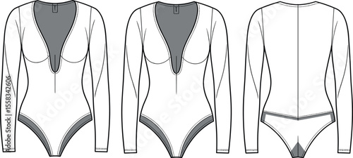 Long sleeve bodysuit fashion flat, front and back view, deep V-neck lingerie design, vector template for apparel design

 flat vector illustration