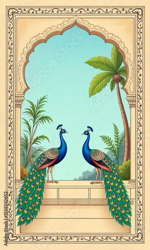 Seamless Mughal garden pattern with arch, plants, and peacock — traditional vector illustration for wedding invitation, textile, decor, and wallpaper design