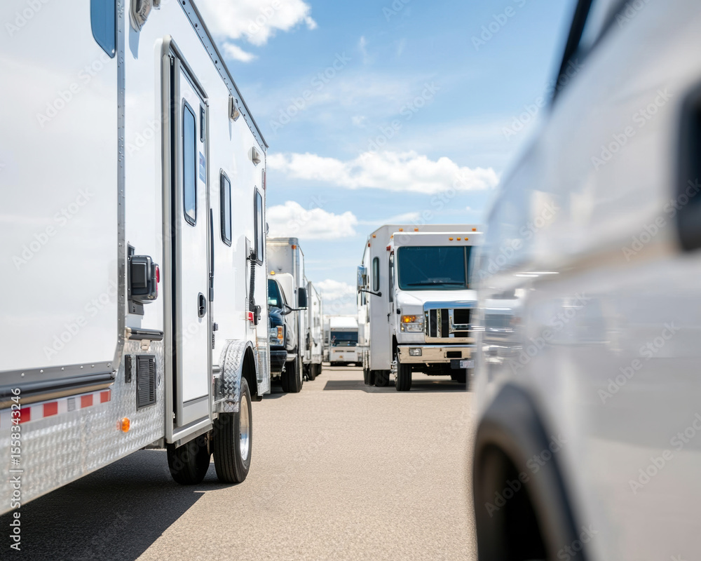 Mobile units lined up in parking lot under clear blue sky, showcasing various vehicles designed for utility and service. scene conveys sense of organization and readiness for operations Mobile units lined up in parking lot under clear blue sky, showcasing various vehicles designed for utility and service. scene conveys sense of organization and readiness for operations