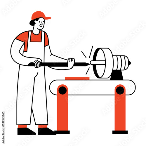 A hand drawn illustration showing a lathe worker operating machinery
