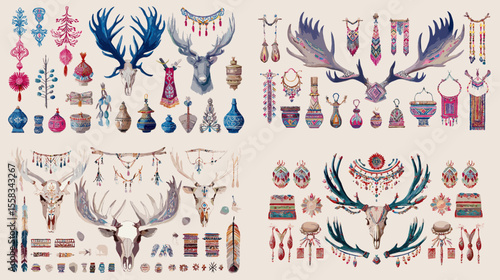 Boho tribal style illustration featuring deer skulls, feathers, dreamcatchers, and ethnic ornaments. Ideal for bohemian designs, tattoo concepts, and folk art.

